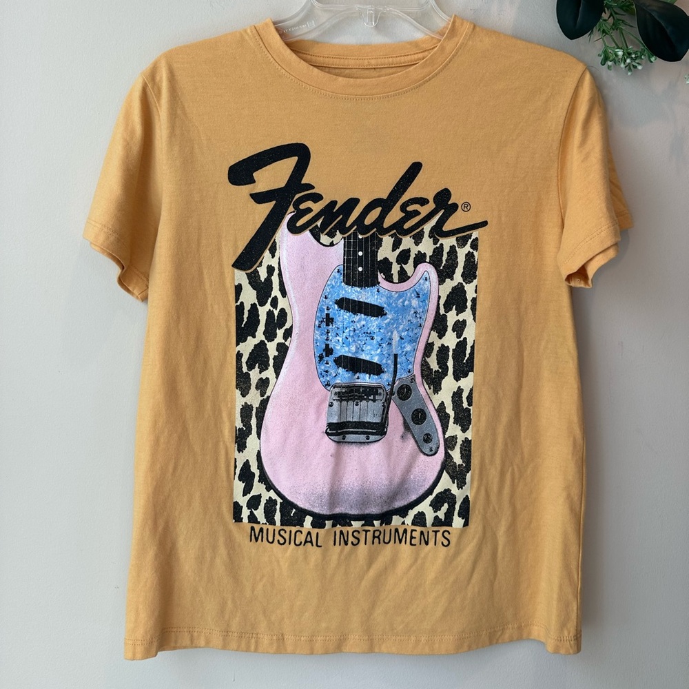 Fender Mustard Tee with Pink and Blue Guitar Graphic